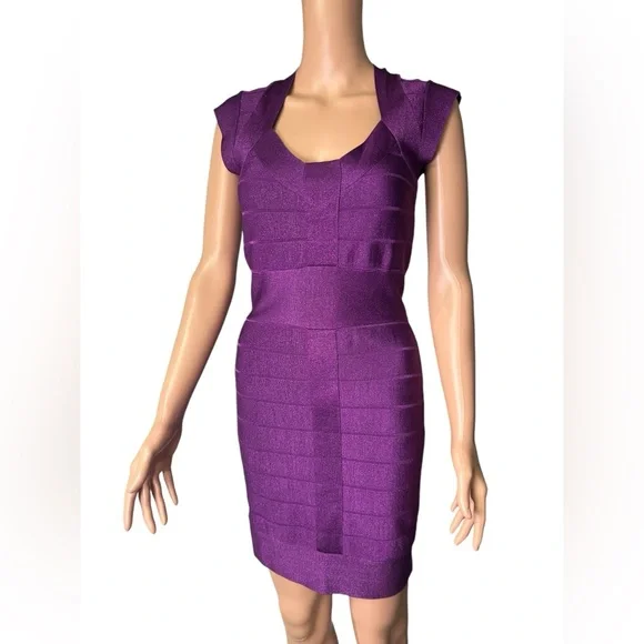 FRENCH CONNECTION Vintage SIZE 6 DEEP PURPLE BANDAGE BODYCON MINI stretchy DRESS - Picture 1 of 12